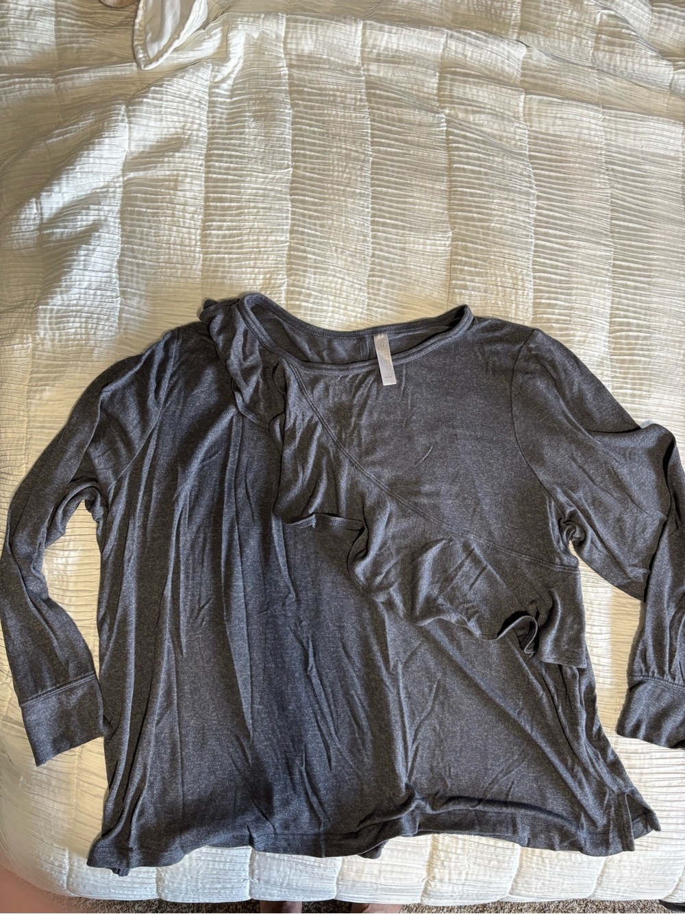 Cacique Scoop Neck Long-Sleeve Pajama Top and Bottoms in Charcoal Gray.